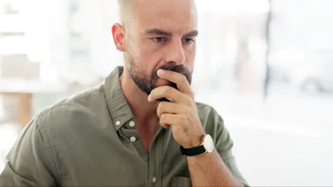 Computer, reading and business man thinking of idea for ux web design, app Stock Footage 235889809