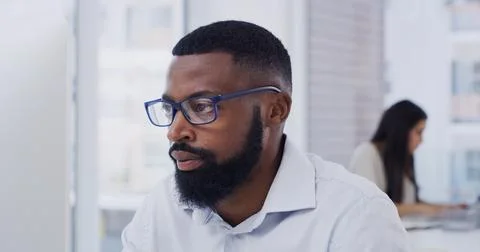 Computer, reading and business man in office, marketing trends and research.. Stock Photos