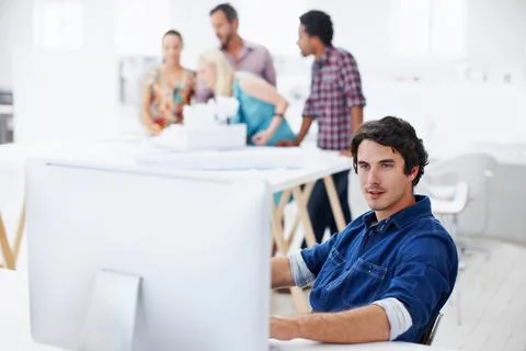 Computer, reading and businessman in office with research for creative proj.. Stock Photos