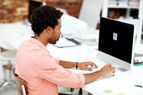 Computer, reading and screen with business black man in office for marketin.. Stock Photos