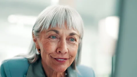 Computer, reading and smile with journalist woman in office for editing, news or Stock Footage 330043380