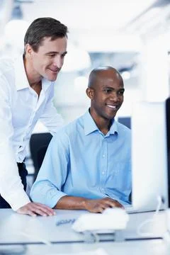 Computer, reading and team with business people in office for bookkeeping Stock Photos