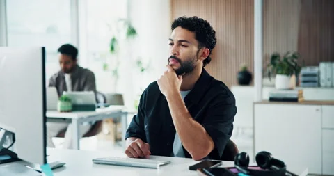 Computer, reading and think with business man in office for brand idea, problem Stock Footage 329376030