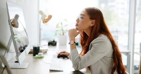 Computer, reading and thinking with business woman in office for research Stock Photos