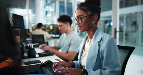 Computer, reading and thinking with programmer woman at desk in office as Stock Footage 309075897