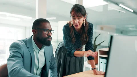 Computer, reading or people with document in office, risk assessment or growth Stock Footage 330043021