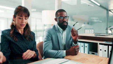 Computer, reading or people with paperwork in office, risk assessment or growth Stock Footage 330043756