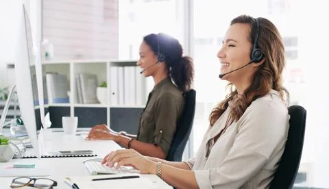 Computer, reading or women with headset in office, online help desk or guidance Stock Photos