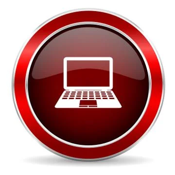 Computer red circle glossy web icon, round button with metallic border Stock Illustration