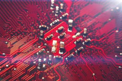 Computer red electronic microcircuits concept background, closeup Foto stock