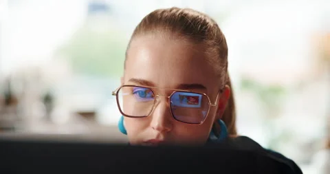 Computer reflection, office and business woman editing blog, copywriting and Stock Footage 312797381