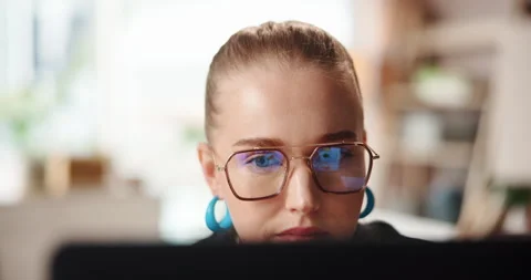 Computer reflection, startup and business woman with graphic design project for Stock Footage 312797178