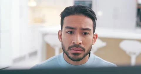 Computer, remote work and confused man in home office frustrated with glitch Stock Footage 230241407