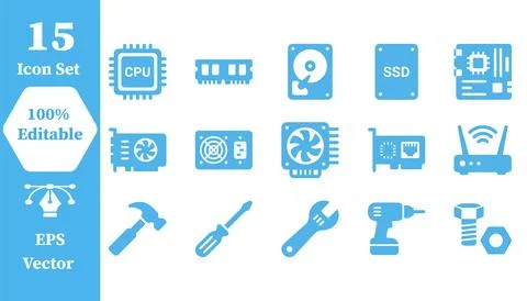 Computer repair and technical hardware maintenance icon set with computer Stock Illustration