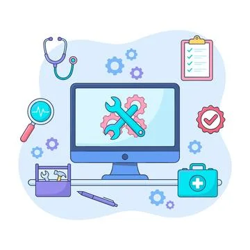 Computer repair and technical support concept with tools, stethoscope, chec.. Stock Illustration