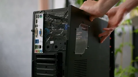 Computer repair assembly by master professional attach put on side case cover Stock Footage 91215571