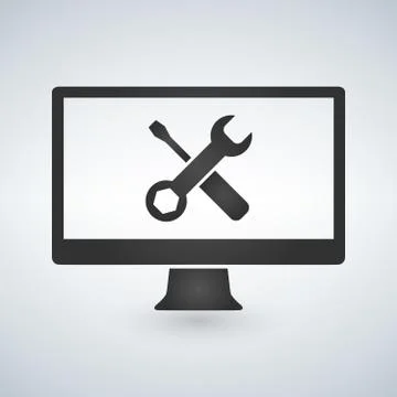 Computer repair concept. Computer screen with working tools. Stock Illustration