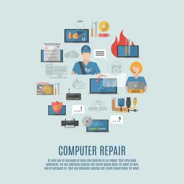 Computer repair flat icons composition poster Stock Illustration