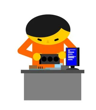 Computer repair. Guy is repairing PC. mending and assembly of electronic brai Stock Illustration
