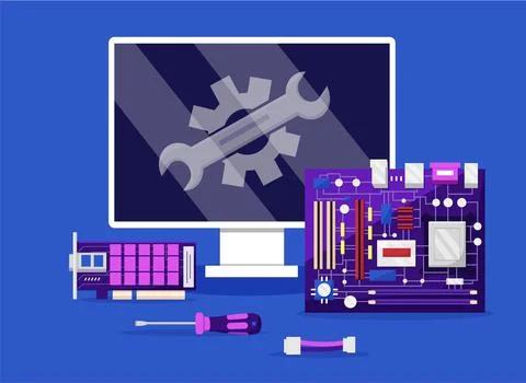Computer repair. Maintenance support. PC diagnostic. Electronic hardware. Wor Stock Illustration