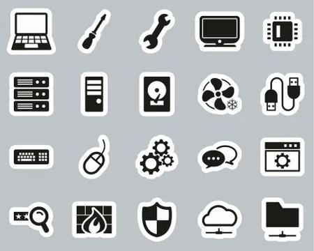 Computer Repair Or Computer Service Icons Black &amp; White Sticker Set Big 스톡 일러스트