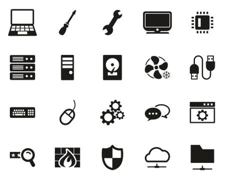 Computer Repair Or Computer Service Icons Black &amp; White Set Big Illustrazione stock