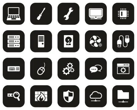 Computer Repair Or Computer Service Icons White On Black Flat Design Set Big Illustrazione stock