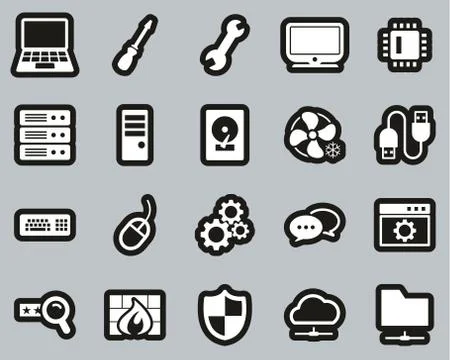 Computer Repair Or Computer Service Icons White On Black Sticker Set Big Stock Illustration