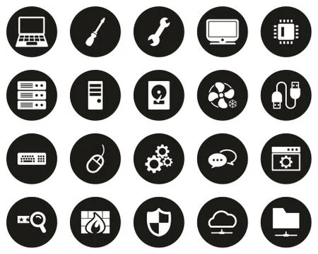 Computer Repair Or Computer Service Icons White On Black Flat Design Circle S 스톡 일러스트