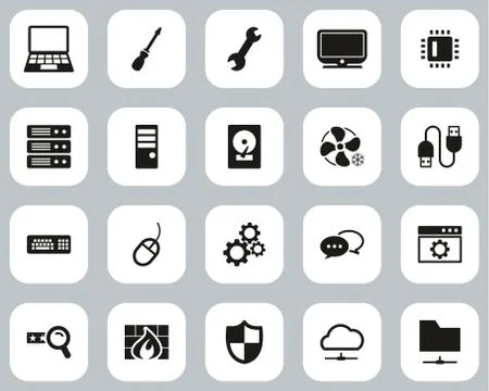 Computer Repair Or Computer Service Icons Black &amp; White Flat Design Set Big Illustrazione stock