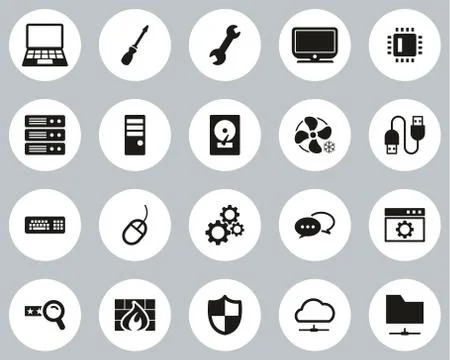 Computer Repair Or Computer Service Icons Black &amp; White Flat Design Circle Se Stock Illustration