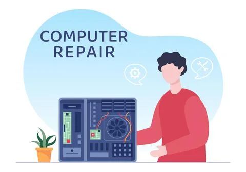 Computer Repair or Service Flat Cartoon Illustration with Tools Repairman Ele Stock Illustration
