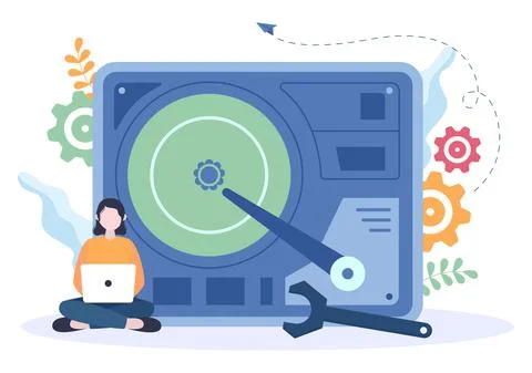 Computer Repair or Service Flat Cartoon Illustration with Tools Repairman Ele Stock Illustration