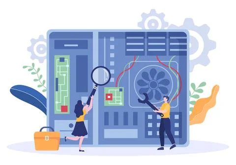 Computer Repair or Service Flat Cartoon Illustration with Tools Repairman Ele Stock Illustration