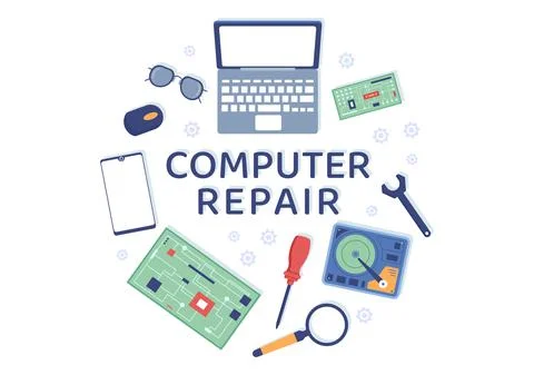 Computer Repair or Service Flat Cartoon Illustration with Tools Repairman Ele Stock Illustration