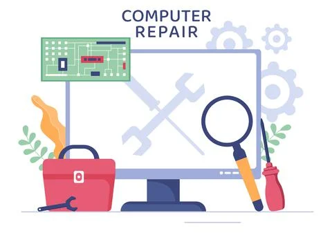 Computer Repair or Service Flat Cartoon Illustration with Tools Repairman Ele Stock Illustration