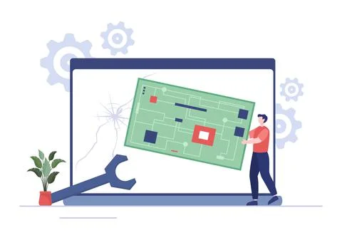 Computer Repair or Service Flat Cartoon Illustration with Tools Repairman Ele Stock Illustration