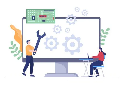Computer Repair or Service Flat Cartoon Illustration with Tools Repairman Ele Stock Illustration