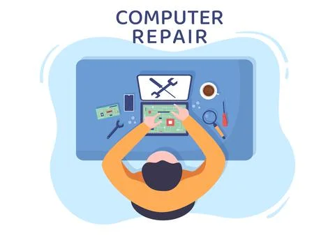 Computer Repair or Service Flat Cartoon Illustration with Tools Repairman Ele Stock Illustration