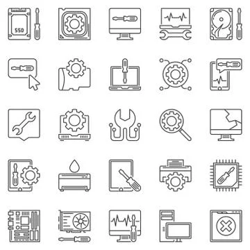 Computer Repair outline icons. Vector Computer Maintenance signs 스톡 일러스트