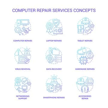 Computer repair service blue gradient concept icons set Stock Illustration