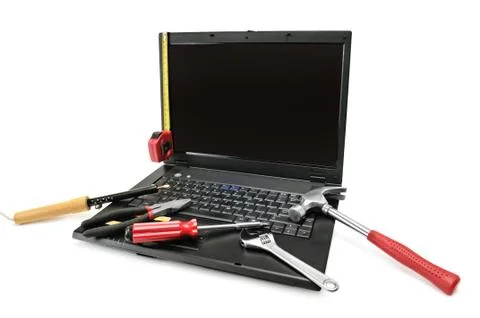 Computer repair with set of tools. Stock Photos