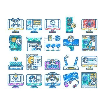 Computer repair technician pc icon hand drawn Stock Illustration