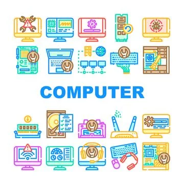 Computer repair technician pc icons set vector 스톡 일러스트
