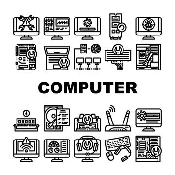 Computer repair technician pc icons set vector イラスト素材