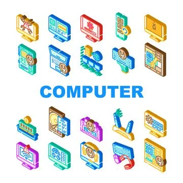 Computer repair technician pc icons set vector Illustrazione stock