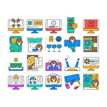 Computer repair technician pc icons set vector Illustrazione stock