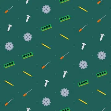 Computer repair tools seamless pattern with screwdrivers, screws, gears, RAM Stock Illustration