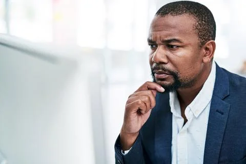 Computer, research and black man in office with thinking, financial report .. Foto stock