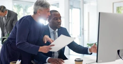 Computer, research and discussion with mentor in office, teamwork and risk .. Stock Photos